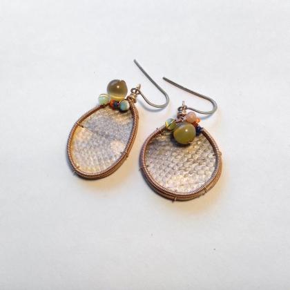 Earrings with arctic char skin on birchbark with beads