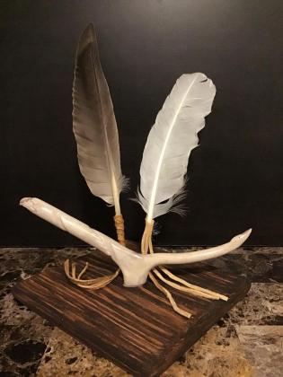 Eagle & Swan feathers with caribou horn carved eagle & swan head