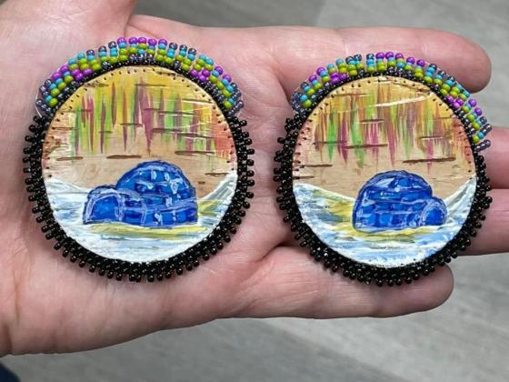 Collaboration with Lisa Alikamik. I did the prep of the birch bark and beading and Lisa did the painting. Paint on birch bark backed with smoked tanned moose hide