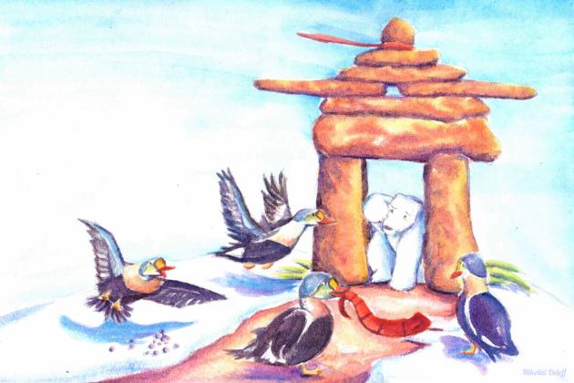 Inukshuk Hill - Watercolor illustration from "Bear and Ivory" Picture book 2022
