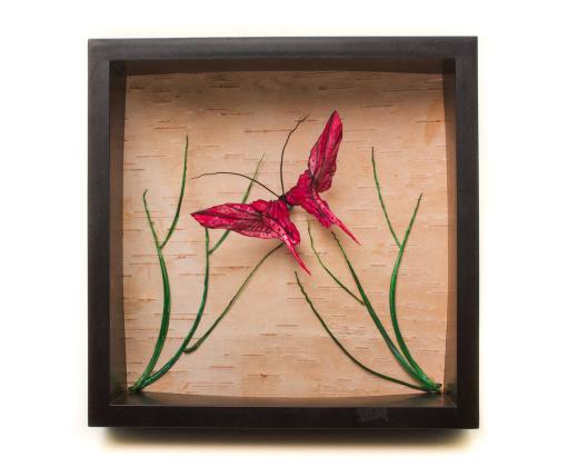 Fish bone butterfly on birch bark with fish rib accents