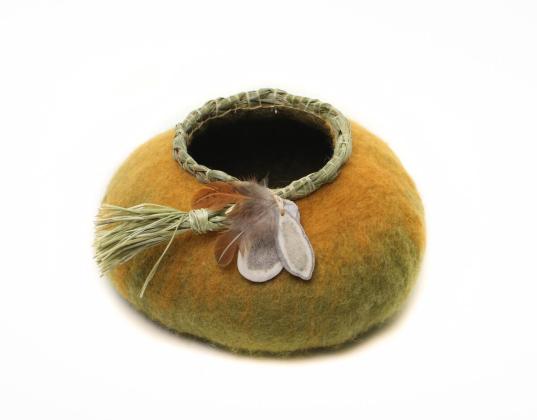 Felted vessel with sweetgrass and antler accents