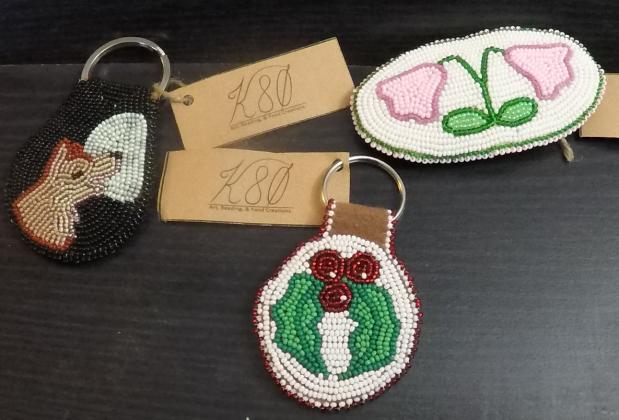 Wolf and Holly key chains, Twin Flower hair clip