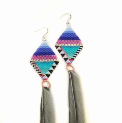 Arctic Night Skies - beaded earrings with sealskin strips