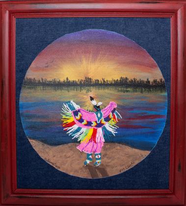 Seed bead, molding paste and acrylic on denim