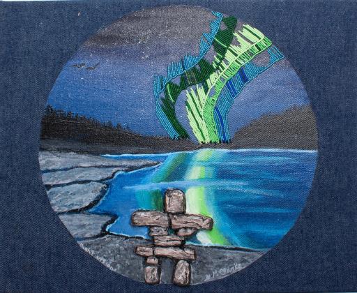 Seed bead, molding paste and acrylic on denim