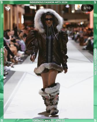 Modelled by Julainne Blackbird at Indigenous Fashion Arts 2024