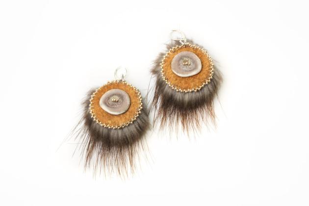 Beaver fur earrings with caribou bone button