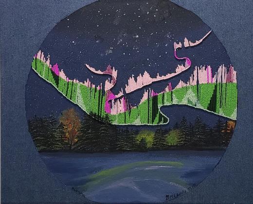 Northern Lights - seed bead, molding paste and acrylic on denim 