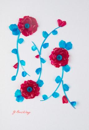 Red fish scales w blue bone stems and petals