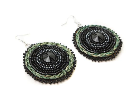 Beaded earrings on moosehide with sweetgrass accents